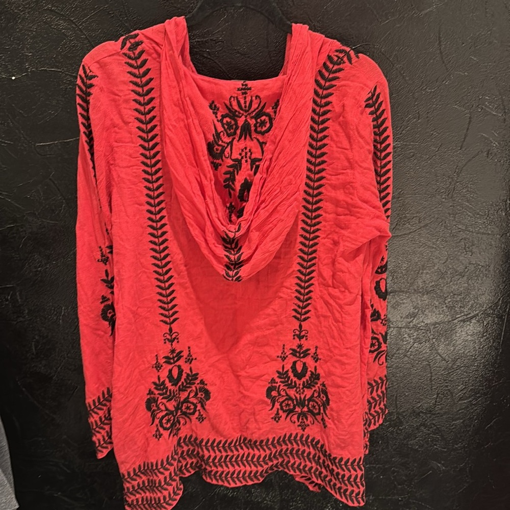 FREE PEOPLE Boho Embroidered Top Tunic or Mini Dress Hooded Swim Cover Up Red - Picture 9 of 15